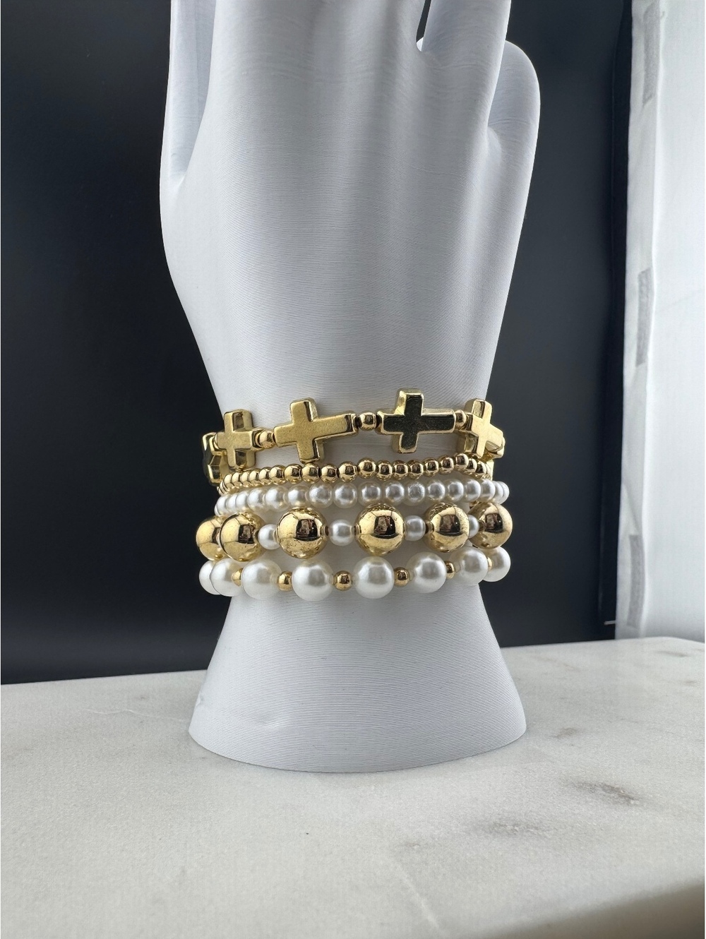 Christian Gold Cross Stack Bracelet with White Beads